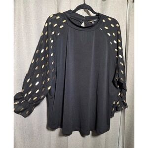Louise Paris Black Gold Foil Polka Dot Sheer Sleeve Mock Neck Blouse 2X